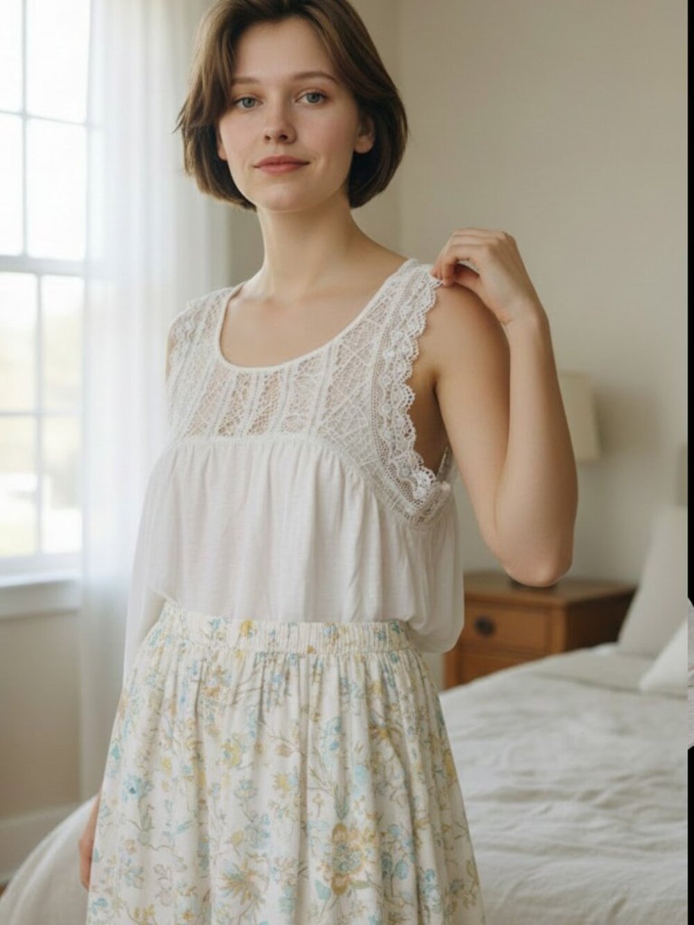 GAP babydoll style tank, white with upper body lace, womens small